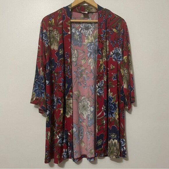New Kim & Co Red Floral Lightweight Cardigan Top Size Large bin 3H - Picture 2 of 4